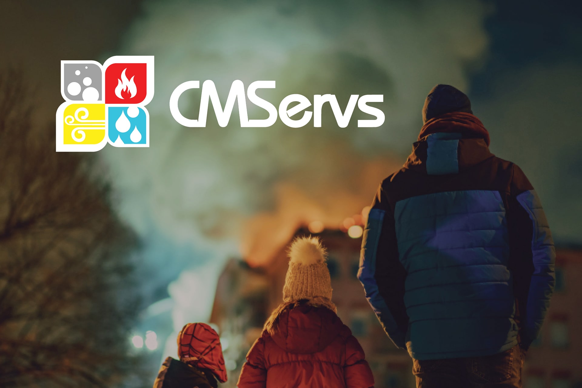 A family walking down a street at night, with the CMServs logo visible.
